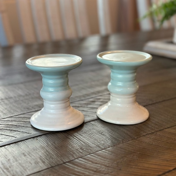 Other - NWOT Elegant White and Teal Blue Pillar Candle Holders